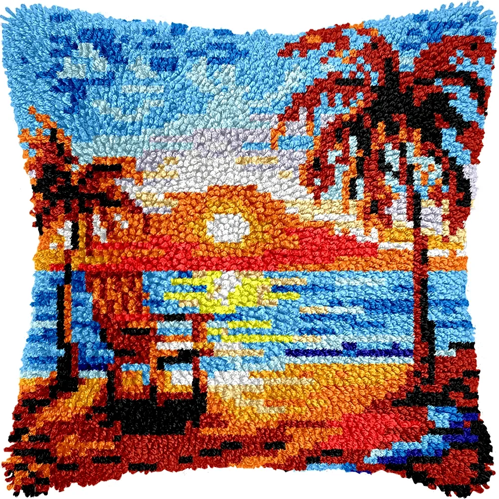 [SHU-pillowhook-beach-blank] Pillow Latch Hooking Kit Cushion Cover | Beach (43x43cm) (Blank Canvas)