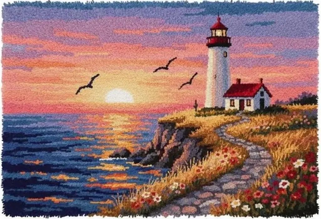 [ETS-BAC-LighthouseSunset-102x69-print] Rug Making Latch Hooking Kit | Lighthouse Sunset (102x69cm) (Printed Canvas)