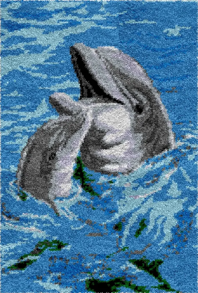 [SHU-2dolphins-60x40-blank] Rug Making Latch Hooking Kit | 2 Dolphins (60x40cm) (Blank Canvas)