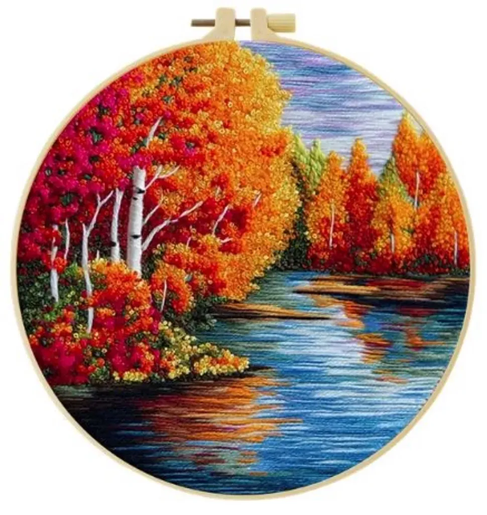 [A-SBS-CrossStichBegin-TreesByRiver-framed] Cross Stitch Kits for Beginners | Trees by River (20cm)