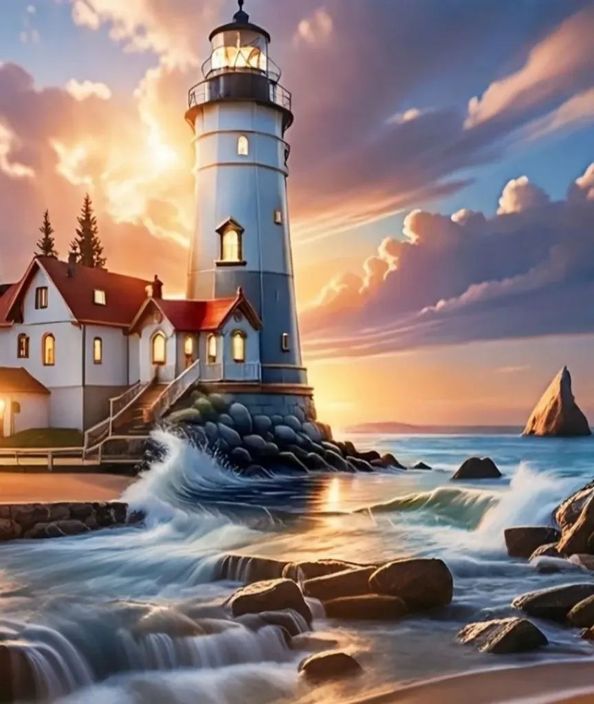 Cross Stitch Needlework Embroidery Kit | Lighthouse Landscape (40x50cm Printed Canvas)