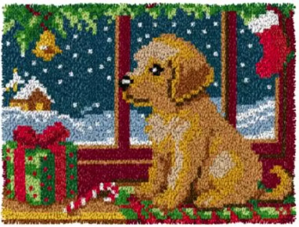 [SHU-PuppyAtChristmas-52x38-blank] Rug Making Latch Hooking Kit | Puppy at Christmas (52x38cm) (Blank Canvas)