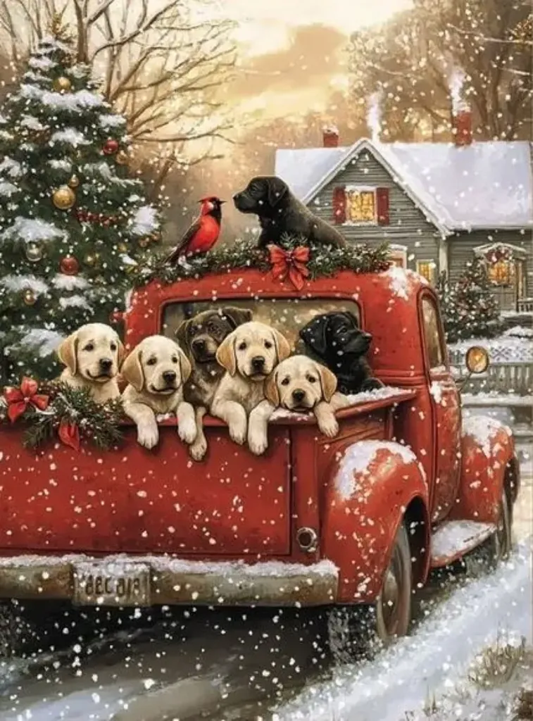 Cross Stitch Needlework Embroidery Kit | Puppies in Truck (40x50cm Printed Canvas)