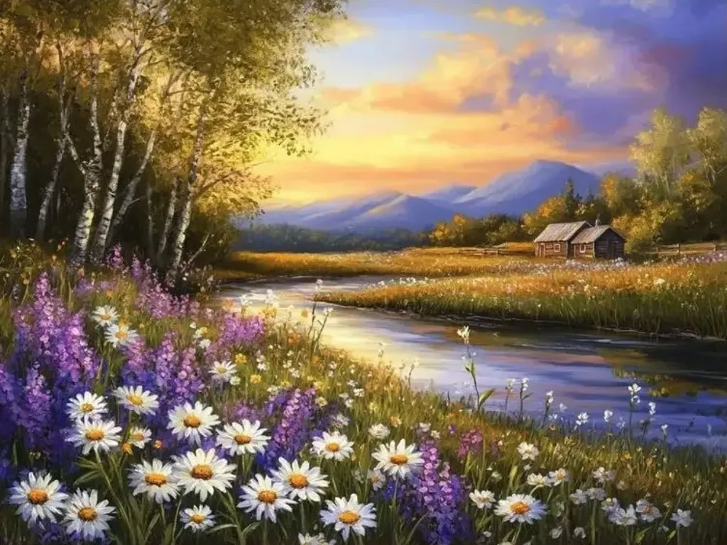 Cross Stitch Needlework Embroidery Kit | River Sunset (40x50cm Printed Canvas)