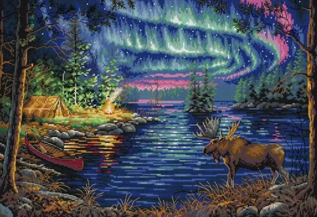 [NKF-northernlightscamping-40x50-11] Cross Stitch Needlework Embroidery Kit | Northern Lights Camping (40x50cm Printed Canvas) (11CT)