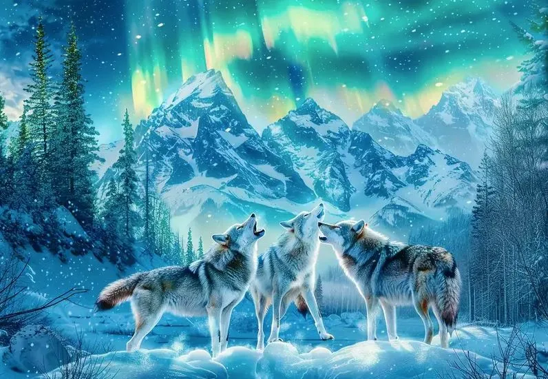 Cross Stitch Needlework Embroidery Kit | Wolves Aurora (40x50cm Printed Canvas)