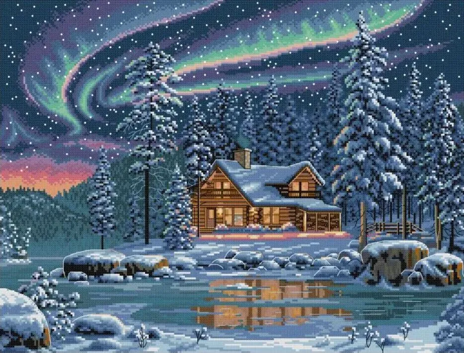 Cross Stitch Needlework Embroidery Kit | Winter Northern Lights (40x50cm Printed Canvas)