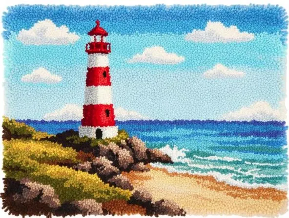 [ETS-BAC-BeachLighthouse-75x55-print] Rug Making Latch Hooking Kit | Beach Lighthouse (75x55cm)