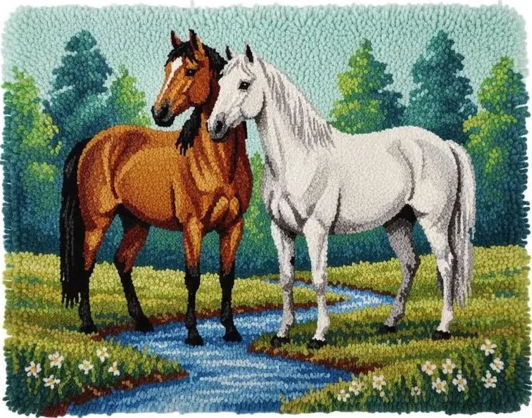 [ETS-BAC-ElegantHorses-75x55-print] Rug Making Latch Hooking Kit | Elegant Horses (75x55cm Printed Canvas)