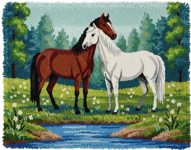Rug Making Latch Hooking Kit | Pastoral Horses (75x55cm Printed Canvas)