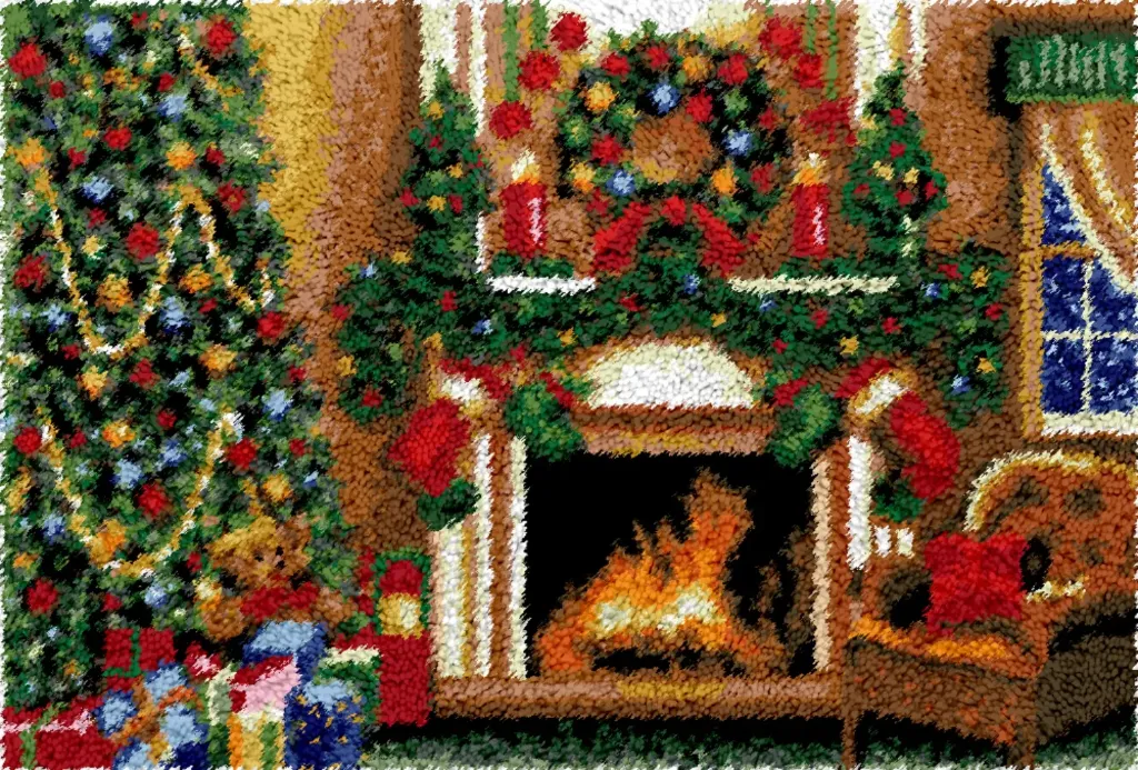 [SHU-xmasfireplace-102x69-blank] Rug Making Latch Hooking Kit | Christmas Fireplace (102x69cm) (Blank Canvas)