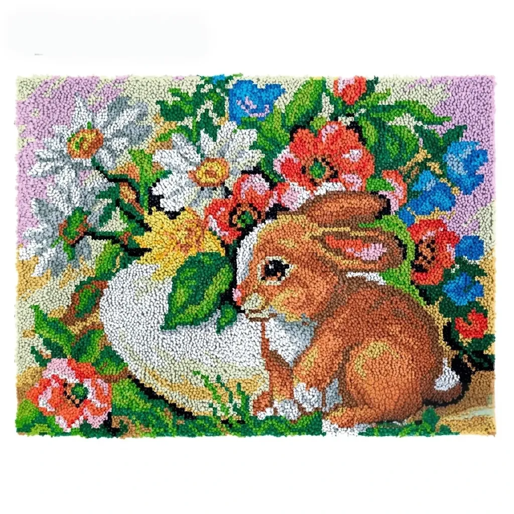 Rug Making Latch Hooking Kit | Rabbit Flowers (122x92cm) (Blank Canvas)