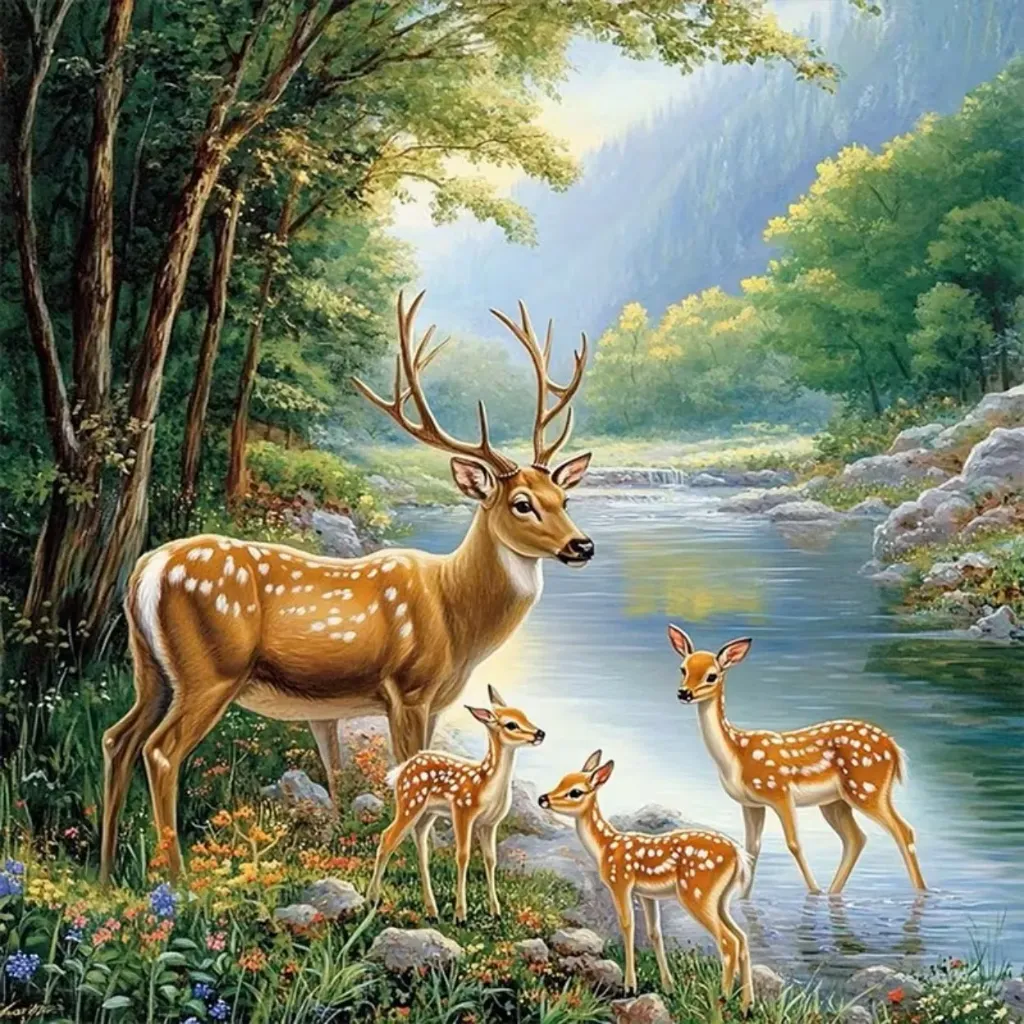 Cross Stitch Needlework Embroidery Kit | Deer River (35x35cm Printed Canvas) (11CT)