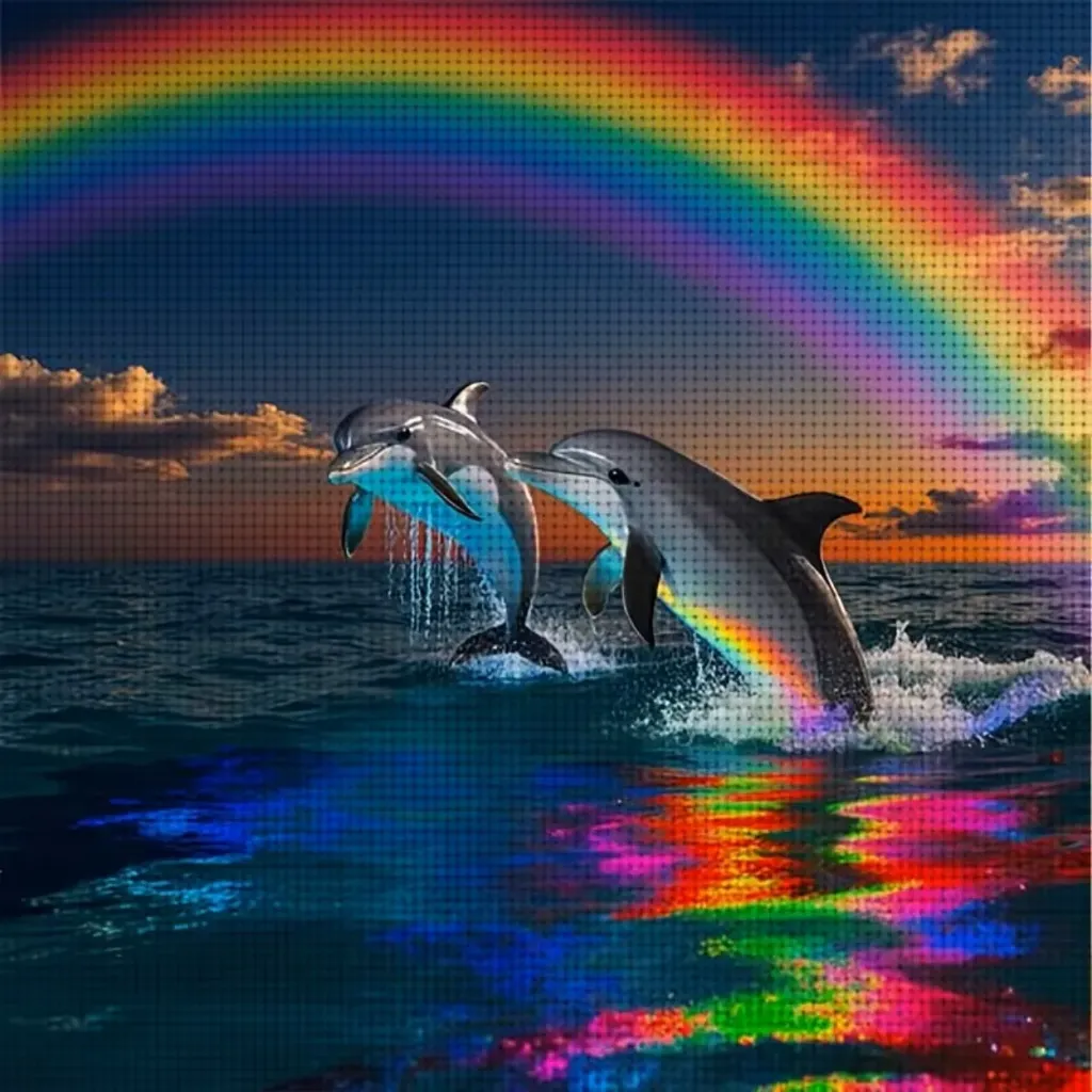 Cross Stitch Needlework Embroidery Kit | Dolphins Rainbow (35x35cm Printed Canvas)