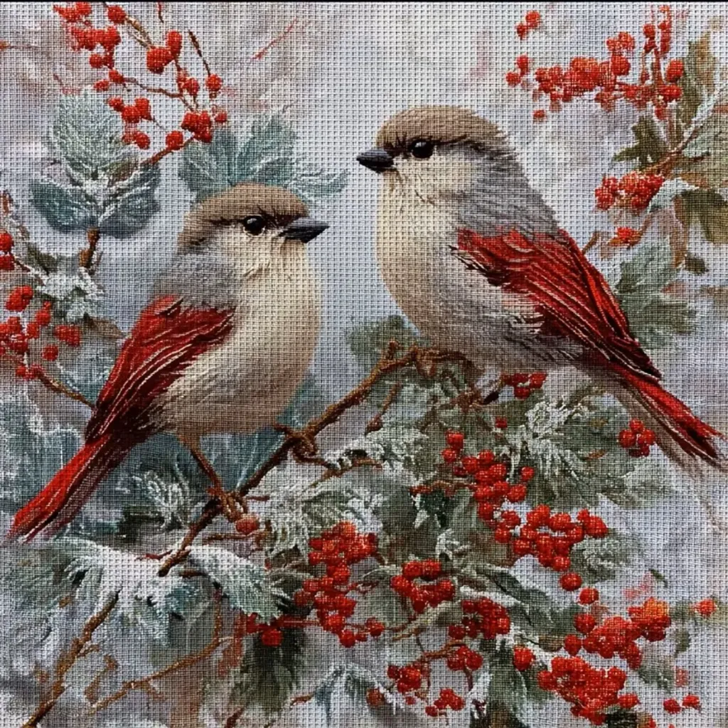 Cross Stitch Needlework Embroidery Kit | 2 Birds (35x35cm Printed Canvas)