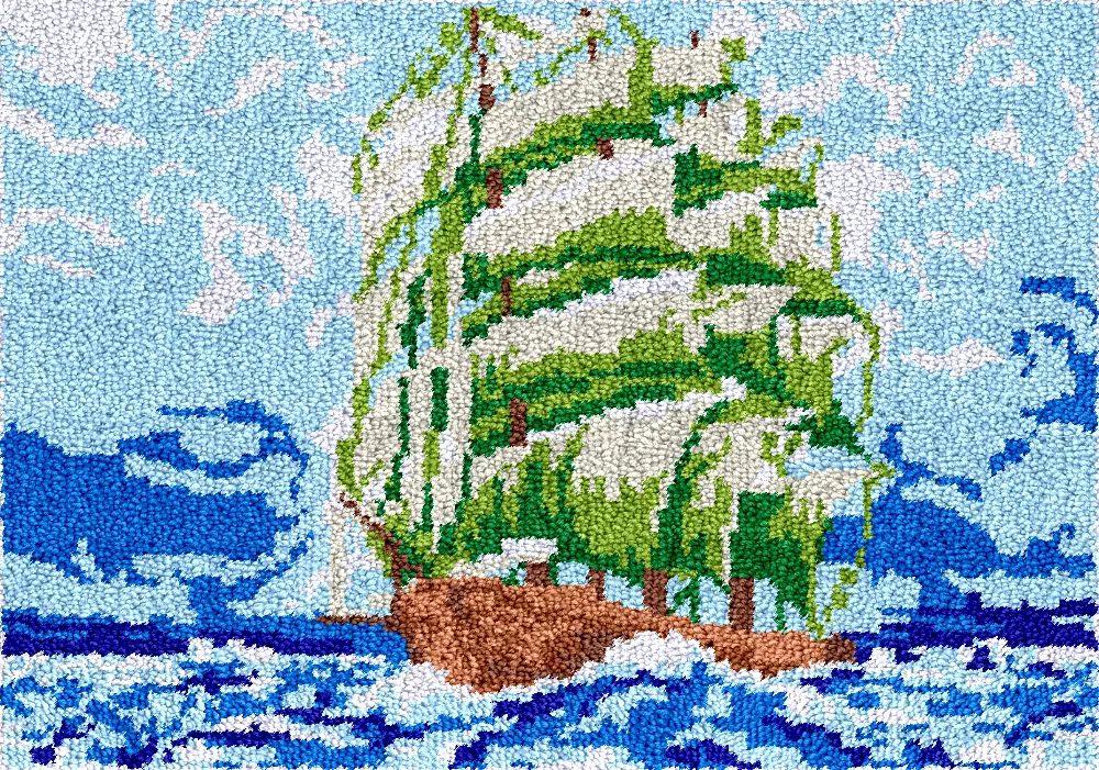 [SHU-GreenSailboat-87x61-blank] Rug Making Latch Hooking Kit | Green Sailboat (87x61cm) (Blank Canvas)