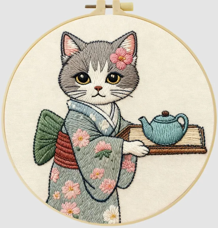 [A-TVS-CSBegin-CatServingTea] Cross Stitch Kits for Beginners | Cat Serving Tea (20cm with frame)