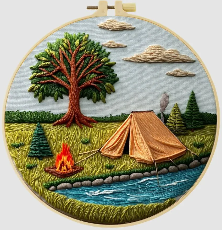 Cross Stitch Kits for Beginners | Camping by River (20cm with frame)