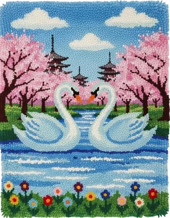 Rug Making Latch Hooking Kit | Cherry Blossom Swans (75x55cm Printed Canvas)