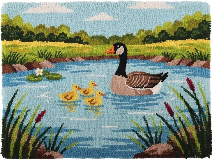 Rug Making Latch Hooking Kit | Pond Goose Family (75x55cm Printed Canvas)