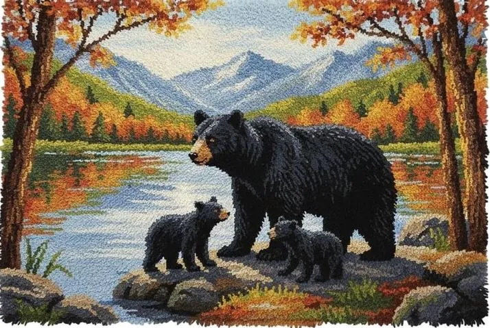 [ETS-WAC-BearAtLake-148x102-print] Rug Making Latch Hooking Kit | Bears at Lake (148x102cm Printed Canvas)
