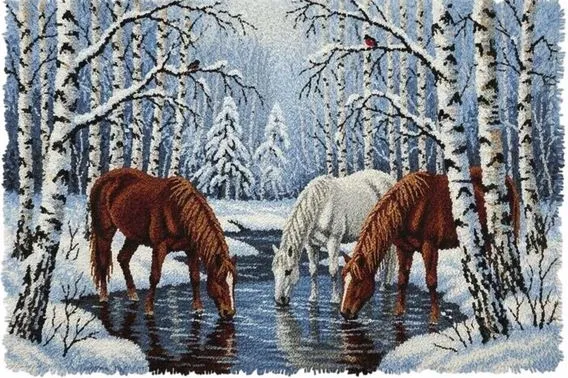 [ETS-WAC-HorsesAtStream-102x69-print] Rug Making Latch Hooking Kit | Horses at Stream (102x69cm Printed Canvas)