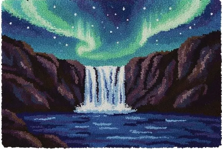 [ETS-WAC-AuroraWaterfalls-102x69-print] Rug Making Latch Hooking Kit | Aurora Waterfalls (102x69cm Printed Canvas)