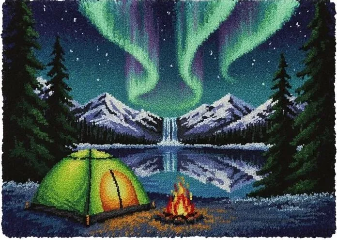 [ETS-WAC-AuroraCamping-148x102-print] Rug Making Latch Hooking Kit | Aurora Camping (148x102cm Printed Canvas)