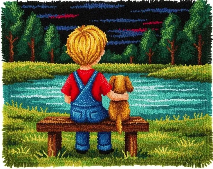 [ETS-BAC-BoyWithPuppy-75x55-print] Rug Making Latch Hooking Kit | Boy with Puppy (75x55cm Printed Canvas)