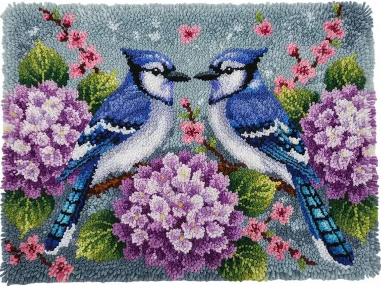 [ETS-BAC-BlueJaysinLove-75x55-print] Rug Making Latch Hooking Kit | Blue Jays in Love (75x55cm Printed Canvas)