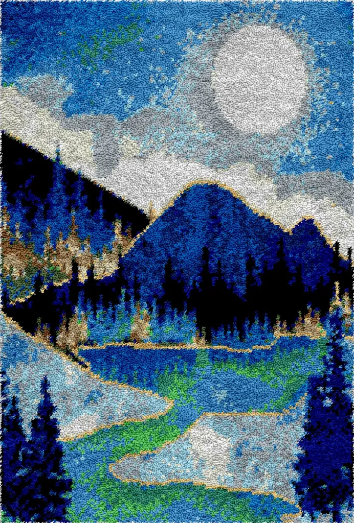 [SHU-mountainslake-102x69-blank] Rug Making Latch Hooking Kit | Mountains and Lake (102x69cm) (Blank Canvas)