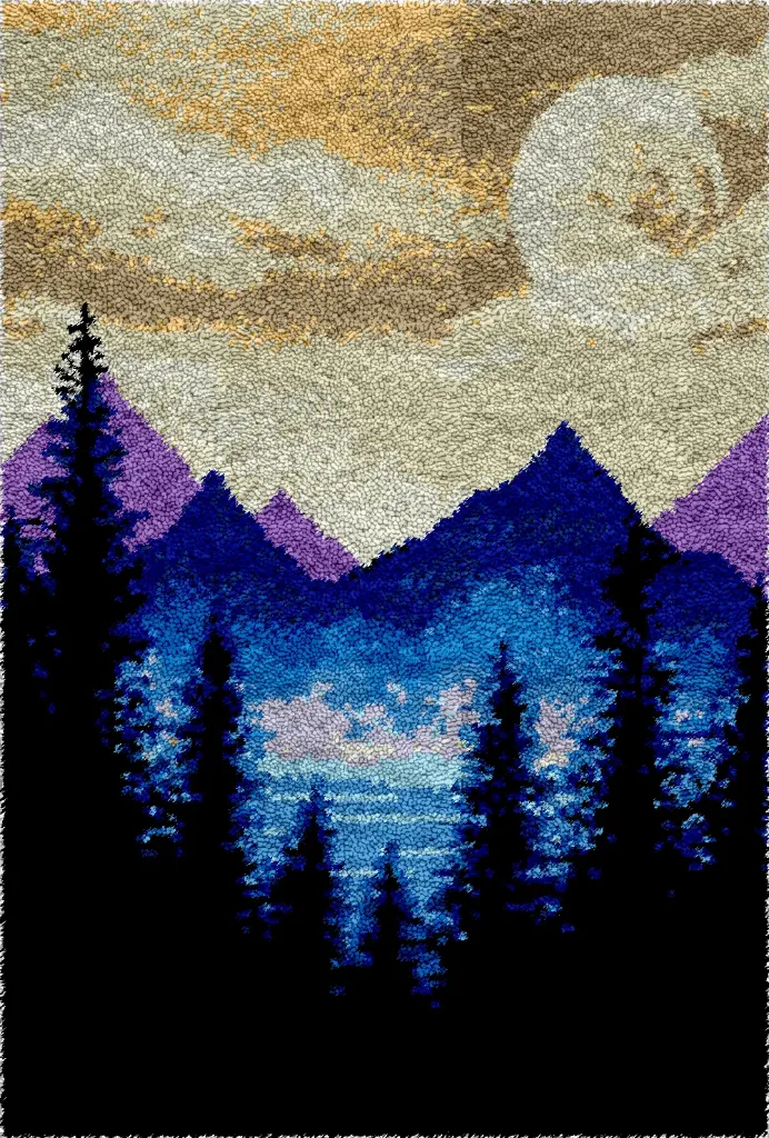 [SHU-mountainstrees-102x69-blank] Rug Making Latch Hooking Kit | Mountains and Trees (102x69cm) (Blank Canvas)