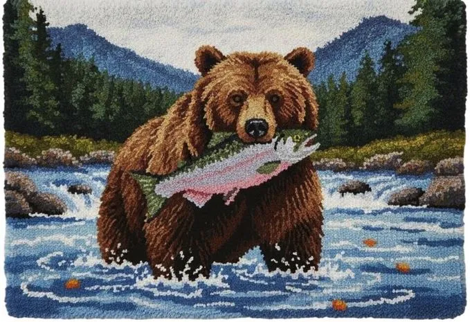 Rug Making Latch Hooking Kit | Bear Catching Fish (122x92cm)