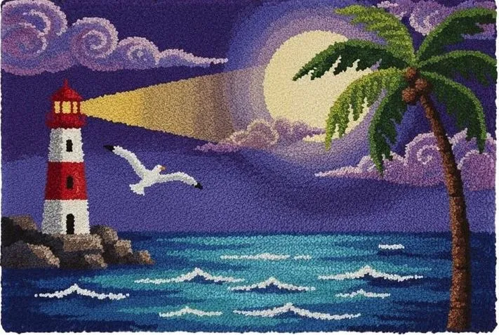Rug Making Latch Hooking Kit | Lighthouse at Night (122x92cm) (Blank Canvas)