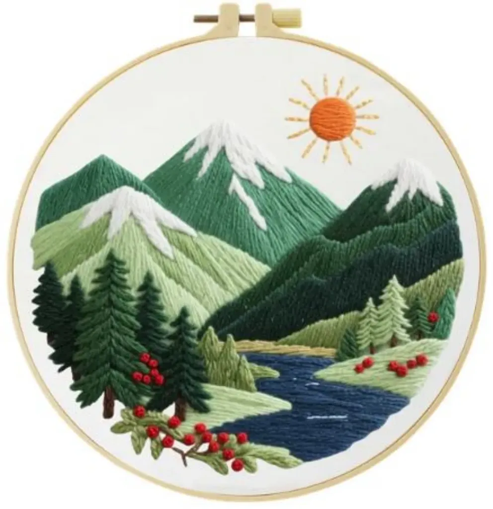 [A-SBS-CSBegin-RiverInMountains-20cm-frame] Cross Stitch Kits Embroidery Kits for Beginners | River in Mountains (20cm with frame)