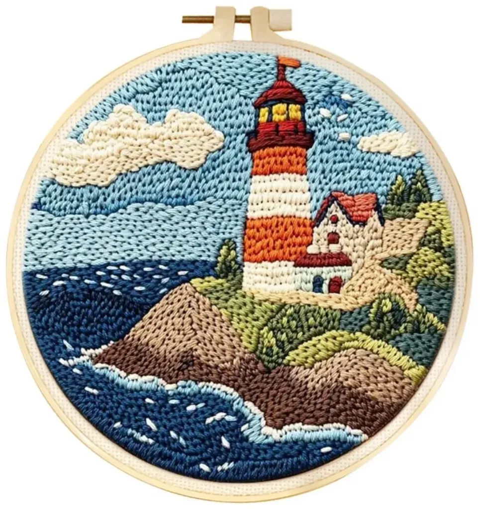 Punch Needle Kit | Lighthouse Scenery (20cm Round with Frame