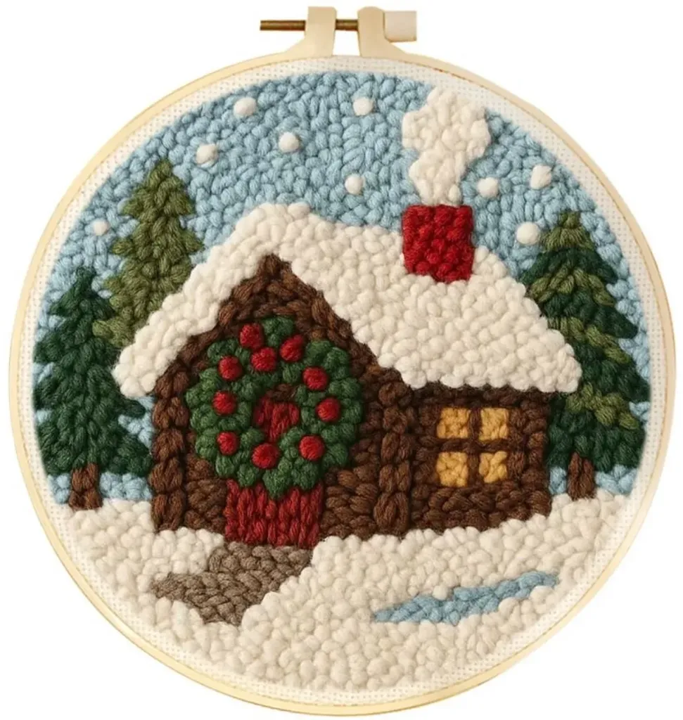 Punch Needle Kit | Christmas Cabin (20cm Round with Frame)