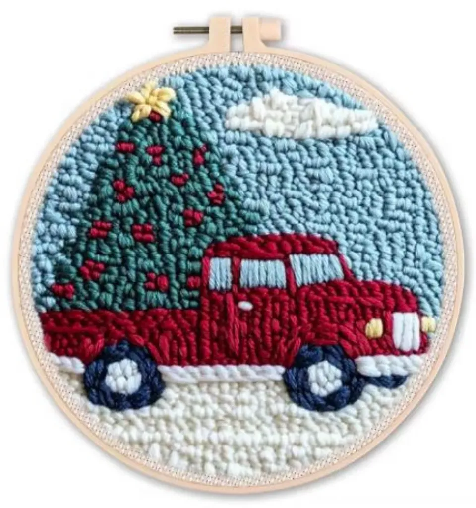 Punch Needle Kit | Christmas Tree in Truck (20cm Round with Frame)