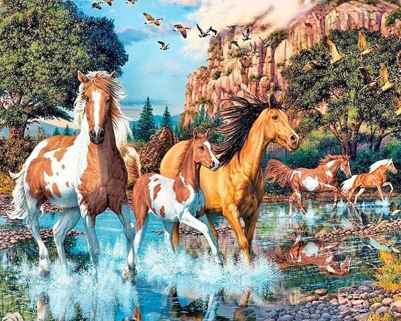 [HBH-DP-HorsesInStream-30x40-Sq] Diamond Painting Kit | Horses in Stream (30x40cm) (Square)