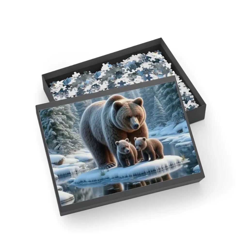 Mama Bear and Cubs Winter Scene Puzzle | 1000 pieces 28x20"