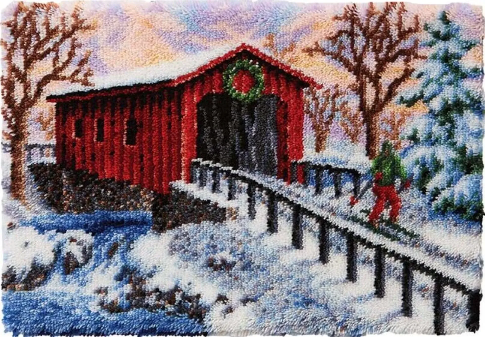 [SHU-coverbridge-115x80cm-blank] Rug Making Latch Hooking Kit | Covered Bridge in Winter (115x80cm) (Blank Canvas)