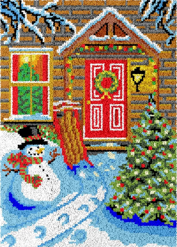 Rug Making Latch Hooking Kit | Snowman and Sled (115x80cm) (Blank Canvas)