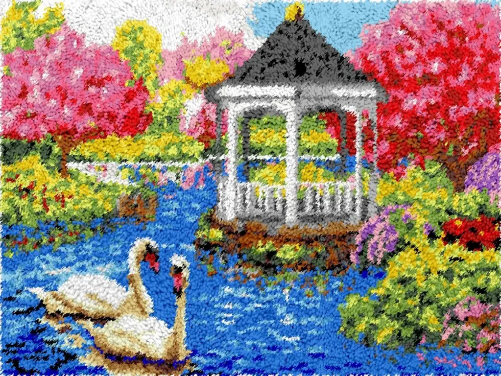 [A-SHU-swansgazebo-87x61-blank] Rug Making Latch Hooking Kit | Swans and Gazebo (87x61cm) (Blank Canvas)