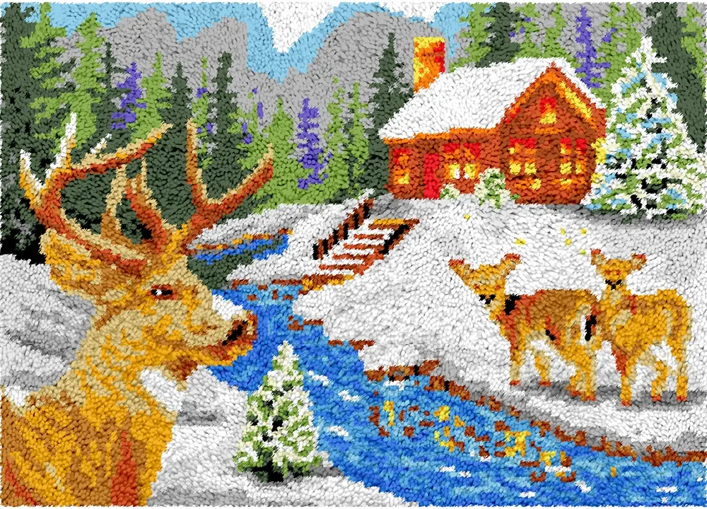 [SHU-winterdeer-61x87-blank] Rug Making Latch Hooking Kit | Winter Deer (87x61cm) (Blank Canvas)