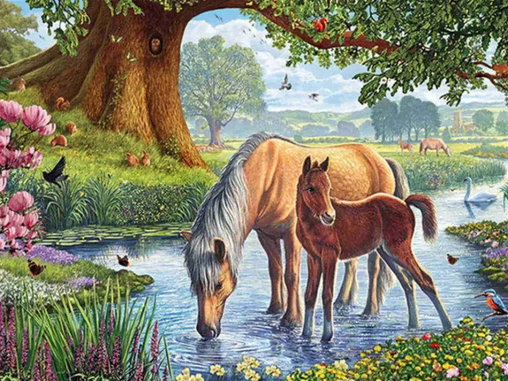 Cross Stitch Needlework Embroidery Kit | 2 Horses in Stream (30x40cm Printed Canvas)