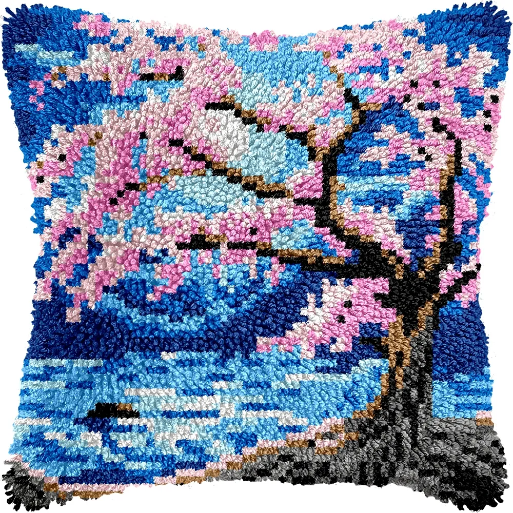 [SHU-pillowhook-blossomtree-blank] Pillow Latch Hooking Kit Cushion Cover | Blossom Tree (43x43cm) (Blank Canvas)